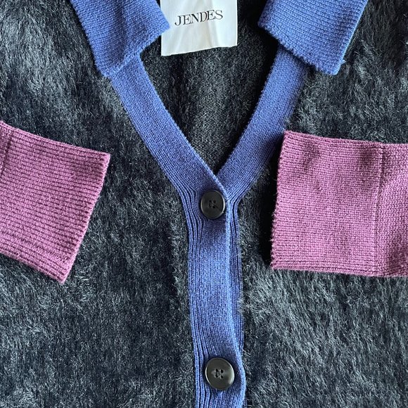 Jendes Mohair Colorblock Cardigan Purple Black Sweater Size S - Picture 4 of 8